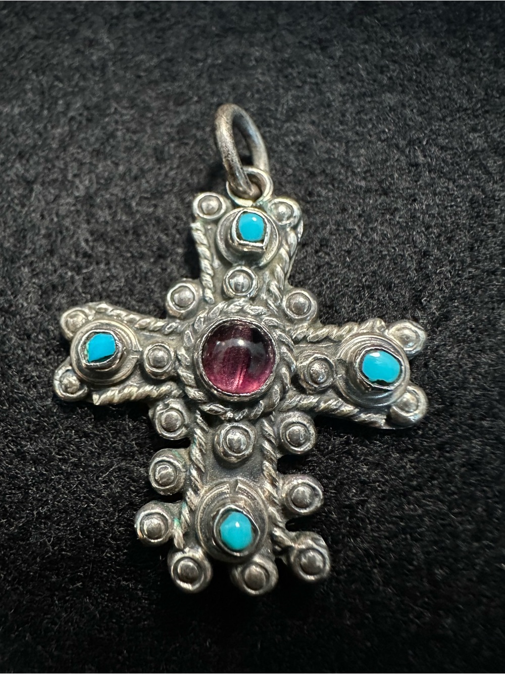 Vintage Mexican Sterling Silver Amethyst Turquoise Glass Cross Pendant